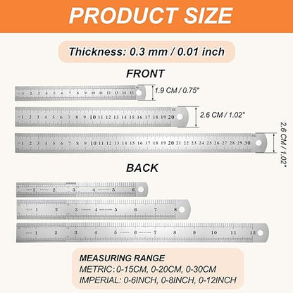 HARFINGTON 3 Pcs Steel Ruler 6"/8"/12" Machinist Metal Ruler Carbon Steel Metric Straight Edge Measuring Tools 0.3mm Thick for Engineering Architect Drawing Home Office