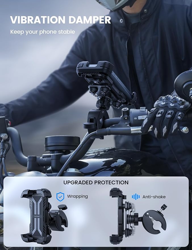 Lamicall Motorcycle Phone Mount Holder - [Dual Vibration Dampener] [Upgrade Handlebar Clip] Motorcycle Cell Phone Holder, Bike Phone Mount, Fit iPhone 16/15/14/13 Pro Max, 4.7-6.7" Phones, Black