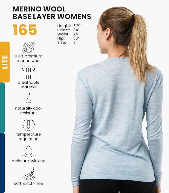 Merino.tech Merino Wool Base Layer Women - 100% Merino Wool Heavyweight, Midweight, Lite Long Sleeve Thermal Shirt and Socks