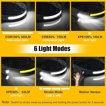 Headlamp Rechargeable, 230° Wide Beam Head Lamp LED with Motion Sensor for Adults - Camping Accessories Gear, Waterproof Head Light Flashlight for Hiking, Running, Repairing, Fishing, Cycling