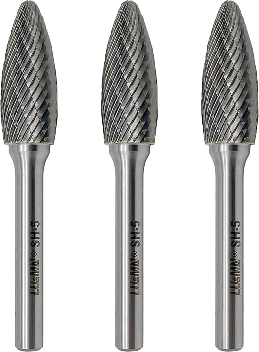 LU&MN SH-5 Tungsten Carbide Burr Rotary File Flame Shape Double Cut (1/2” Cutter Dia X 1-1/4”Cutter Length) with 1/4'' Shank Dia,3PCS