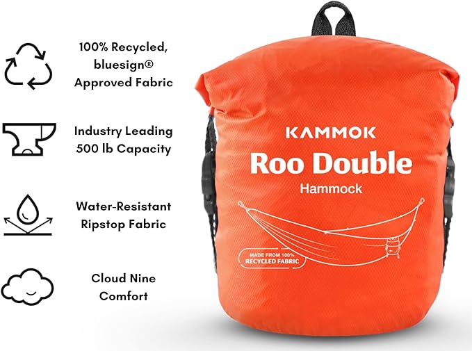 KAMMOK: Roo Double Hammock | Made from Strong & 100% Recycled Water Resistant Ripstop Fabric | Comfortable, Packable, Lightweight (Lifetime Adventure Grade Warranty), Ember Orange
