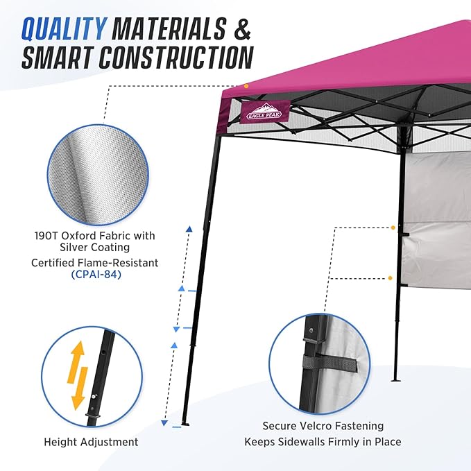 EAGLE PEAK 8x8 Pop Up Canopy Tent with Sidewall, Compact, Portable Slant Leg Instant Sun Shelter for Beach, Sports, & Camping, 8x8 Base 6x6 Top, Pink