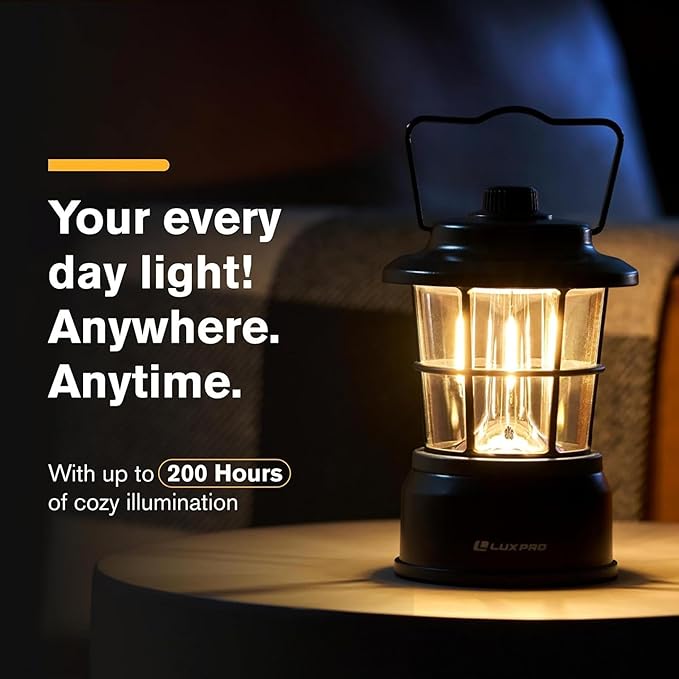 LUXPRO Retro LED Lantern - Battery-Powered Emergency Lantern - Water Resistant - Bright LED Lamp for Indoor & Outdoor Use - Use for Tents, Hiking or Hurricane Prep (Blac, Pack of 1)