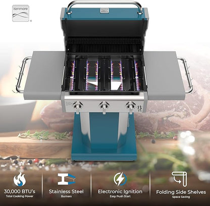 Kenmore 3-Burner Propane BBQ Grill, 30,000 BTUs Gas Grill with Cast Iron Cooking Grates, Folding Side Tables & Wheels, Outdoor Grill with Tool Hooks, Teal