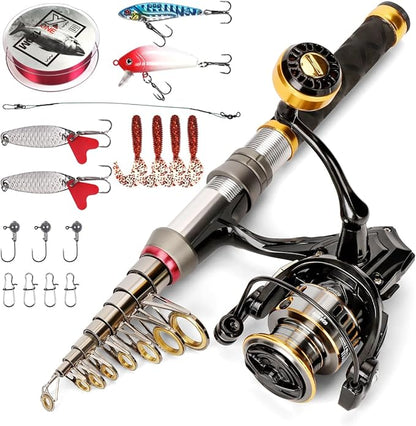 Fishing Rod Telescopic Carbon Fiber Rod Combo with Spinning Reel Portable Tackle Case Fishing Line Artificial Baits and Hooks for Travel Saltwater Freshwater Fishing