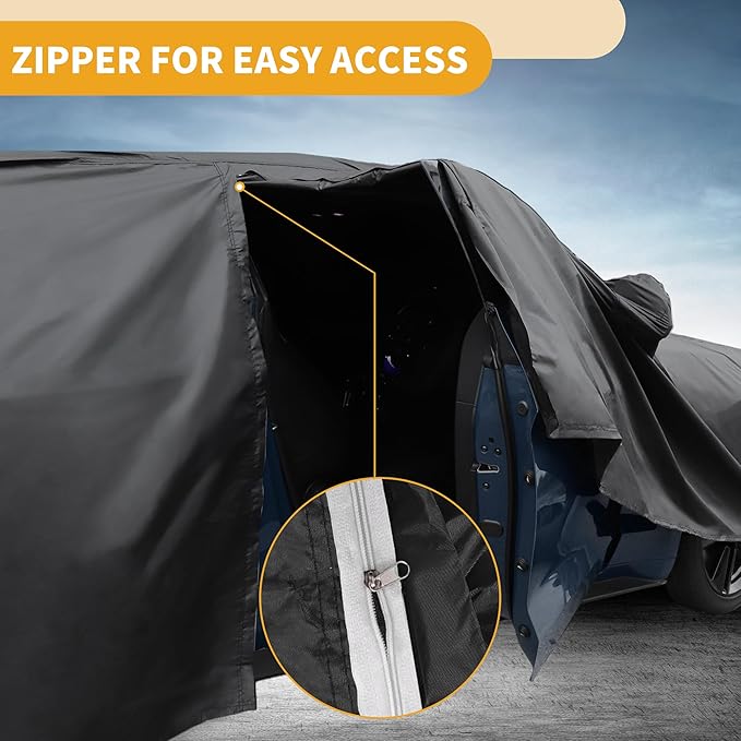 Waterproof All-Weather Universal Car Cover with Right Side Zipper, 210D-PU Black Blue Fits for SUV 190" to 200" Length
