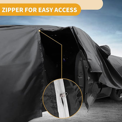 Waterproof All-Weather Universal Car Cover with Right Side Zipper, 210D-PU Black Blue Fits for Wagon 190" to 198" Length