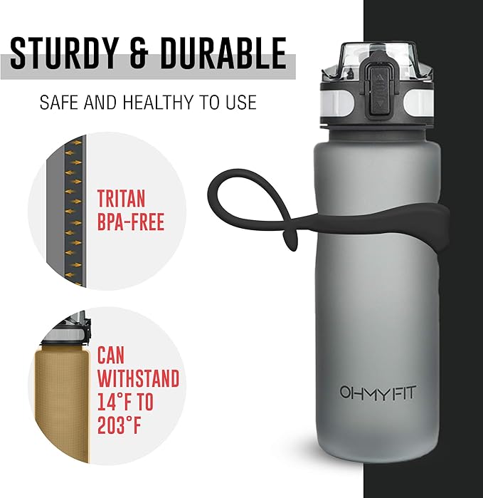 Tritan Sports Water Bottle with Magnetic Silicone Carry Strap & One Click Open Cap - Magnetic Drink Holder for Metal Equipment - Bottle w/Straps for Backpack, Belt & More (30oz, Onyx Black)