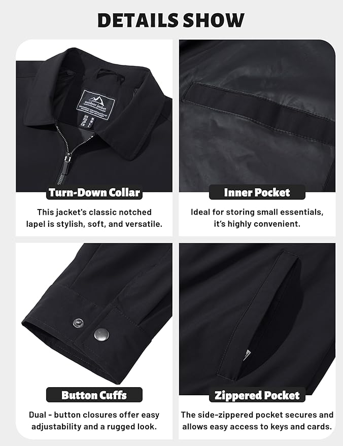 TACVASEN Mens Lightweight Windbreaker Full Zip Up Laydown Collar Jackets Light Casual Coat with Zip Pockets