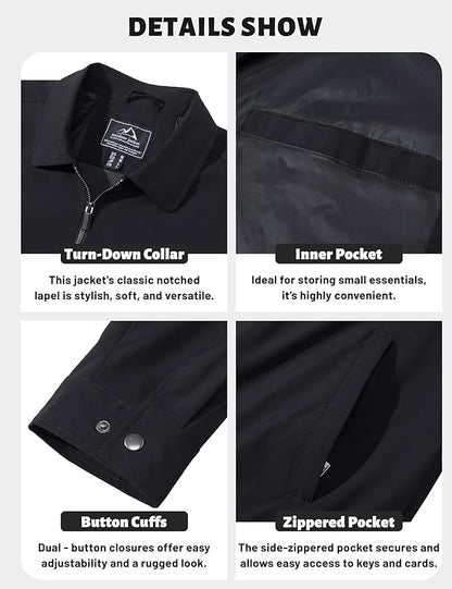 TACVASEN Mens Lightweight Windbreaker Full Zip Up Laydown Collar Jackets Light Casual Coat with Zip Pockets
