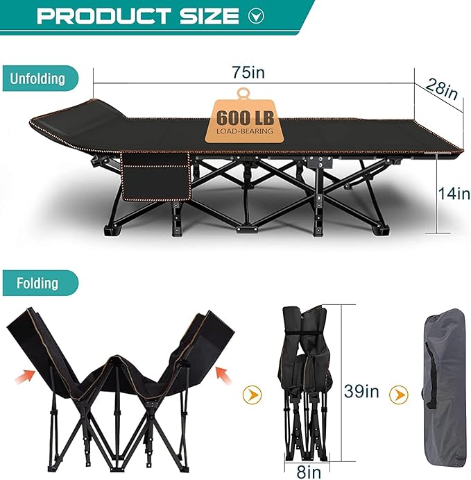 ABORON Folding Camping Cot for Adults, Double Layer 1200D, 500lb Capacity, Heavy Duty Guest Cot with Mat & Carrying Bag for Indoor & Outdoor Use