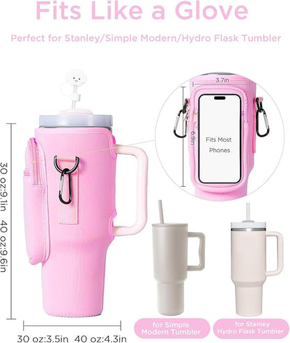 dabria Water Bottle Carrier Bag with Phone Pocket for Stanley 40/30 oz Tumbler Neoprene Water Bottle Holder Pouch with Adjustable Strap Bollus with Straw Cover & Carabiner for Stanley Cup Accessories