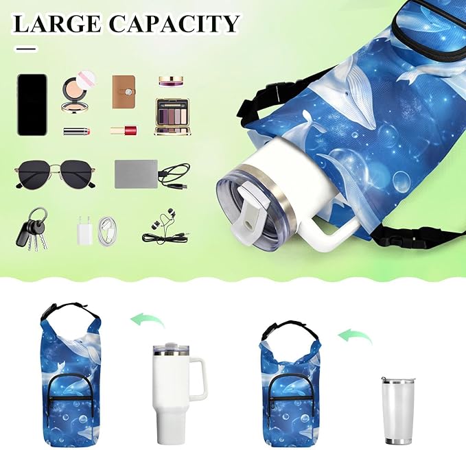 Blue Whales and Bubbles Water Bottle Holder with Strap Insulated Water Bottle Carrier Crossbody Bags Pouch with Phone Pocket for Travel Gym Hiking Walking Running