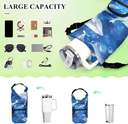 Blue Whales and Bubbles Water Bottle Holder with Strap Insulated Water Bottle Carrier Crossbody Bags Pouch with Phone Pocket for Travel Gym Hiking Walking Running