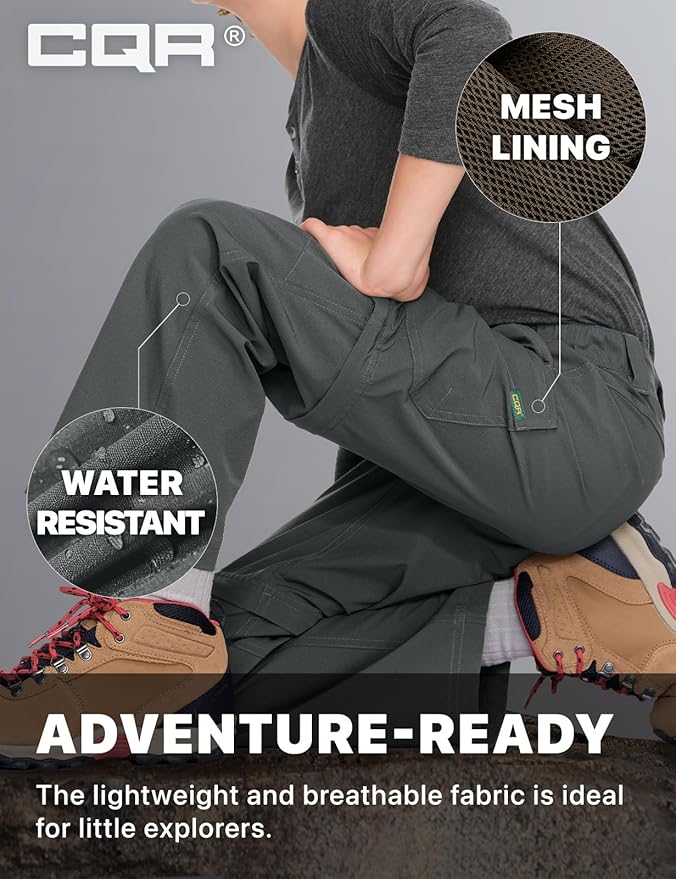 CQR Kids Youth Hiking Cargo Pants, UPF 50+ Quick Dry Convertible Zip Off Pants, Outdoor Camping Pants