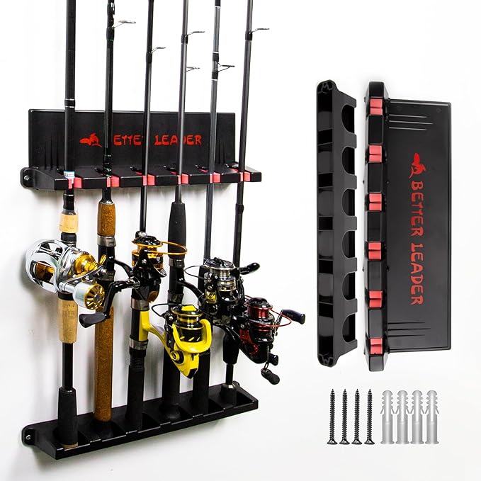 Vertical Fishing Rod Holder for Garage, Fishing Pole Holders- Holds Up to 6 Rods or Combos, Wall Mount Fishing Pole Rack, Fits Most Rods of Diameter 3-19mm, Fishing Gifts for Men