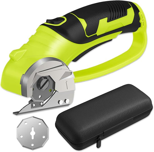 Cordless Electric Scissors, 4V Box Cutter & Cardboard Cutter with 2 Titanium Blades - Rotary Cutter with LED Light for Fabric, Leather, Carpet, Plastic, Crafting + Storage Case (Green)