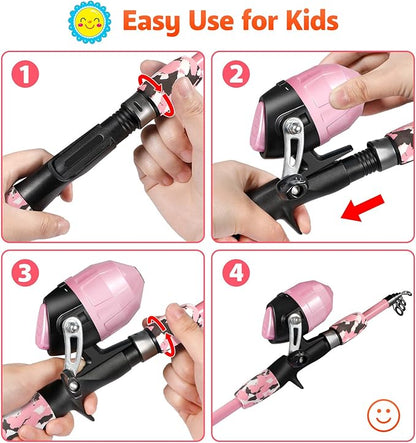 PLUSINNO Kids Fishing Pole with Spincast Reel Telescopic Fishing Rod Combo Full Kits for Boys, Girls, and Adults