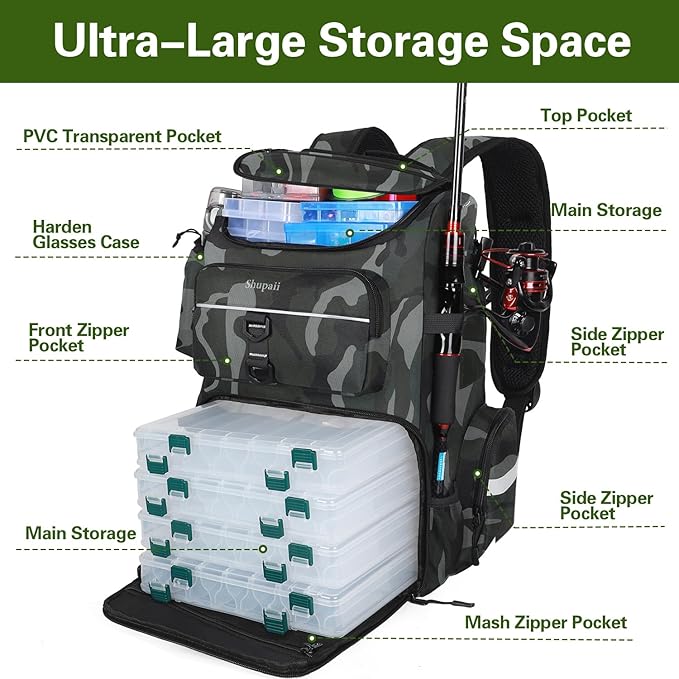 Fishing Backpack with Rod Holders, 45L Large Water-Resistant Tackle Box Backpack, Fishing Gear Gifts for Men -Camouflage