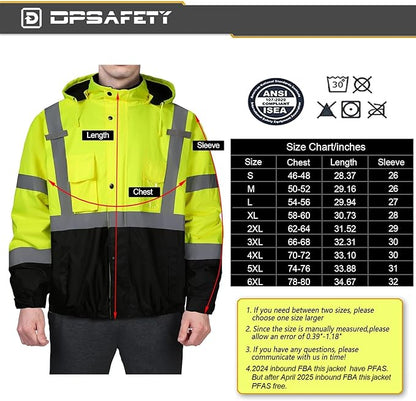 Safety jacket for men,Reflective high Visibility Hooded jacket,Hi-Vis Bomber Jacket with Pockets and Zipper,Waterproof,Black Bottom,ANSI/ISEA 107-2020 Type R Class 3,Lime