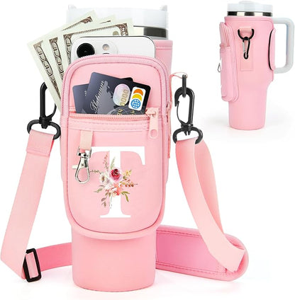 Initial Water Bottle Holder with Strap for Stanley 40 oz Tumbler/Simple Modern 40 oz Tumbler,Water Bottle Carrier Bag with Strap,Personalized A-Z Phone Pocket for Stanley Cup Accessories