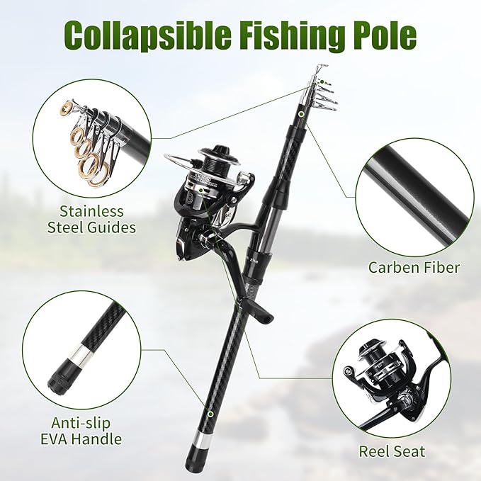 Fishing Rod Reel Combo - 2PCS 6.89ft Telescopic Fishing Poles 2PCS Spinning Reels Lures Set Fishing Pliers with Carrier Bag for Travel Saltwater Freshwater Gift Portable Fishing Pole Kit