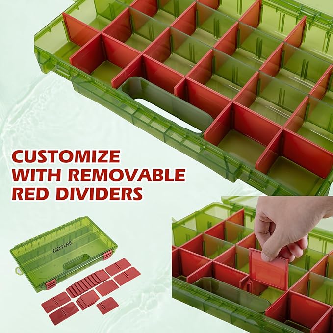 Goture Fishing Tackle Box Organizer - Transparent Fishing Organizer Box w/Measurement Ruler, Adjustable Dividers, Dual Latches | 2 Pcs 3700 Tackle Tray| Ergonomic Grip