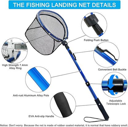 LBW Collapsible Fishing Net with Handle, Folding Kayak Net for Freshwater or Saltwater, Trout Catfish Bass Compact Rubber Landing Net