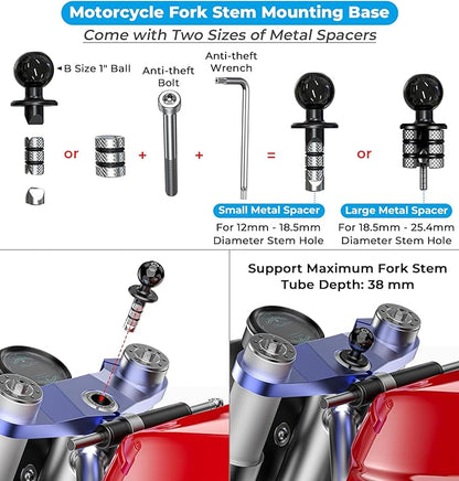 Motorcycle Fork Stem Phone Mount [Vibration Dampener] [Anti-Shake] One-Handed Operation Motorcycle Cell Phone Holder, Fit 12mm-25.4mm Diameter Fork Stem Tube, for 5.4"-7.2" Smartphone