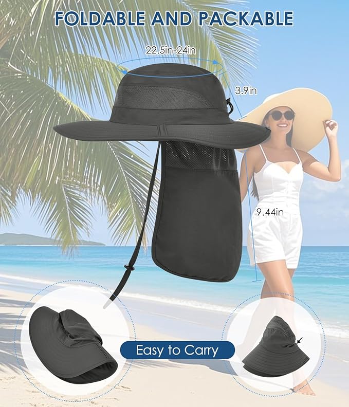 Men&Women Foldable Outdoor Sun Hat with Packable Neck Flap, UV Sun Protection Wide Brim Safari Cap