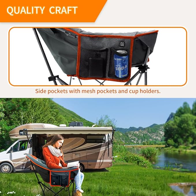 OUTDOOR LIVING SUNTIME Oversized Heated Camping Chair,3 Heat Levels, Portable Folding Lawn Chairs for Adults Outdoor Sports Support 400 LBS，Padded Moon Leisure Chair for Camping,Battery Not Included