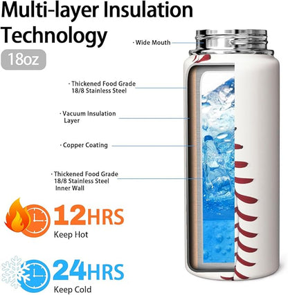 Baseball Water Bottle 18oz Insulated Sports Water Bottles Baseball Gifts for Men Women Gift for Coach Lovers Fan Players Stuff Accessories for Boys Girls