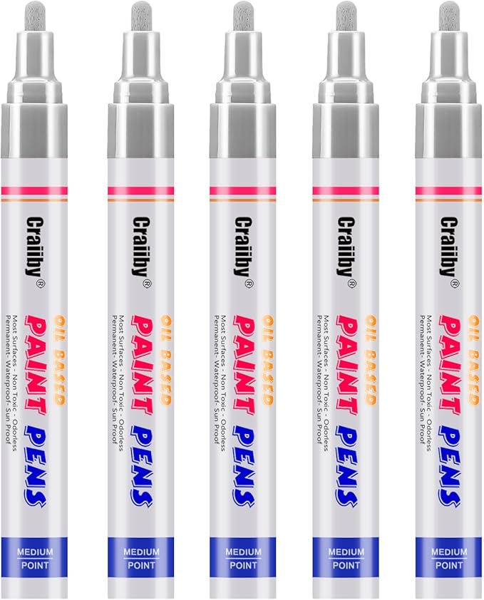 Silver Paint Markers, 5 Pack Oil-Based Waterproof Quick Dry Permanent Paint Pen Set for Rocks Painting, Wood, Fabric, Plastic, Canvas, Glass, Mugs, Metal, Tire, Stone, DIY Craft, Grey, Gray