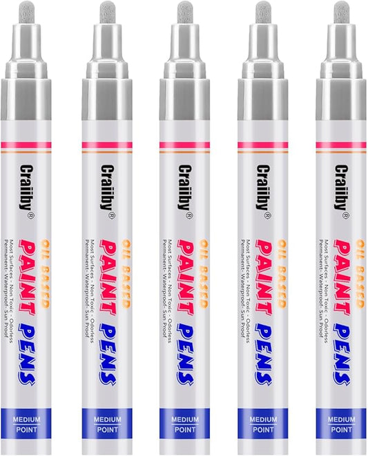 Silver Paint Markers, 5 Pack Oil-Based Waterproof Quick Dry Permanent Paint Pen Set for Rocks Painting, Wood, Fabric, Plastic, Canvas, Glass, Mugs, Metal, Tire, Stone, DIY Craft, Grey, Gray