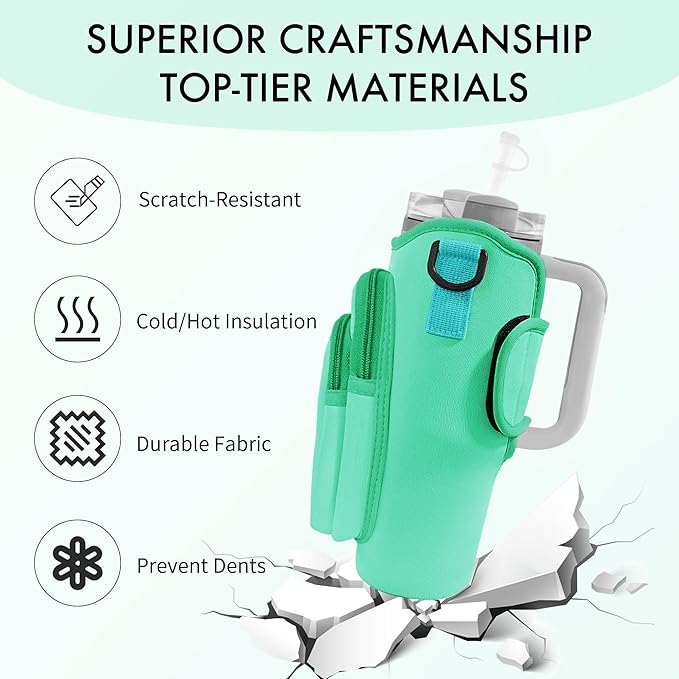 Water Bottle Carrier Bag with Phone Pocket for Stanley Cup 40/30 oz, Water Bottle Holder with Adjustable Strap& Straw Cover, Stanley Cup Accessories