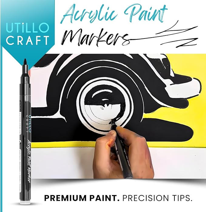 Utillo Craft (8-Pack BlackPaint Pens | Extra Fine Tip Made in Japan | Bold Color+100% Coverage on Rock, Wood, Glass, Paper, Plastic, Metal, Canvas, Fabric | 0.7mm Black Acrylic Paint Markers