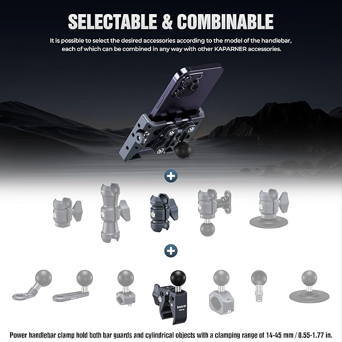 Shock-Absorbing Phone Clip Kit, Aluminum Double Socket Arm and Handlebar Strong Rod Clamp, Installed on 0.55-1.77" Diameter Rail Round Rod (KPS-13)