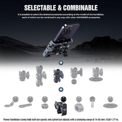 Shock-Absorbing Phone Clip Kit, Aluminum Double Socket Arm and Handlebar Strong Rod Clamp, Installed on 0.55-1.77" Diameter Rail Round Rod (KPS-13)