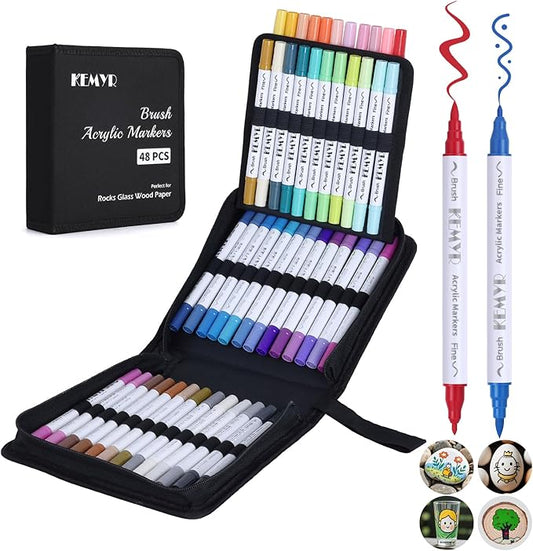 48 Colors Brush & Fine Tip Acrylic Paint Pens, Dual Tip Acrylic Paint Markers for Paper, Wood, Canvas, Stone, Rock, Glass, Fabric, DIY, Ceramic, Art Supplies for Adults Drawing