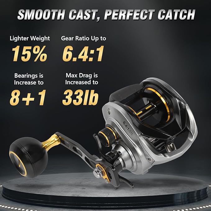 Baitcaster Reels,6.4:1 Gear Ratio with 33 Lb Max Drag, 8+1 Stainless Steel Bearing, Baitcasting Fishing Reels for Sea Bass and Mandarin Fish for Fresh Water or Salt Water