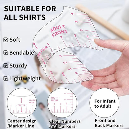 9pcs Tshirt Ruler Guide for Vinyl Alignment, T Shirt Rulers to Center Designs, PVC Measurement Template, Sewing Supplies Accessories Tools for Cricut Heat Press & HTVRONT HTV Transfer Vinyl (Pink)