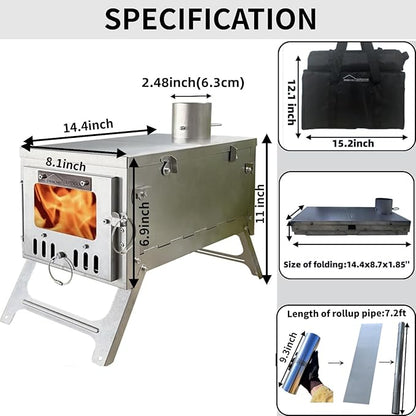 DANCHEL OUTDOOR S6/SSG Portable Folding Hot Tent Camping Stove, 304 Stainless Steel Small Tent Wood Stove with 7.2ft Pipe for Winter Survival,Cooking, Backpacking