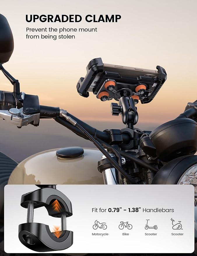 Aomiker Motorcycle Phone Holder Mount - [Metal Extension Arm] [Dual Vibration Dampener] Motorcycle Cell Phone Mount, Bike Phone Handlebar Clamp for iPhone 16 15 14 13 Pro Max Plus, 4.7-6.7" Smartphone