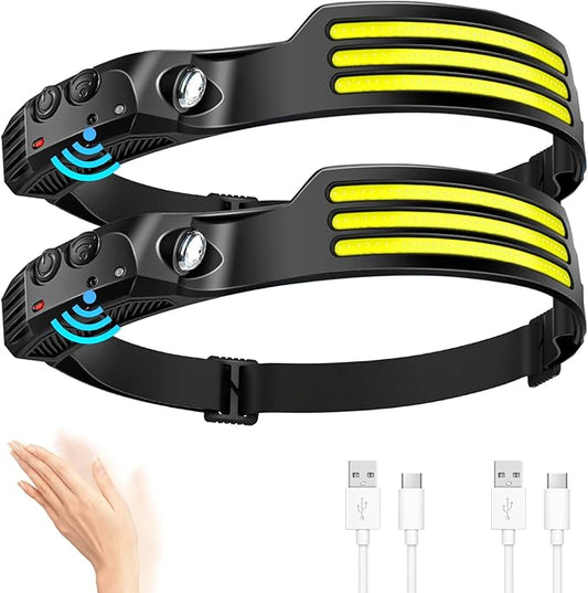 DAWINSIE LED Headlamp Rechargeable (2 PCS), 230° Wide Beam Head Lamp with Motion Sensor, Waterproof Head Light Flashlight for Hiking, Running, Repairing, Fishing Cycling (Black 4)