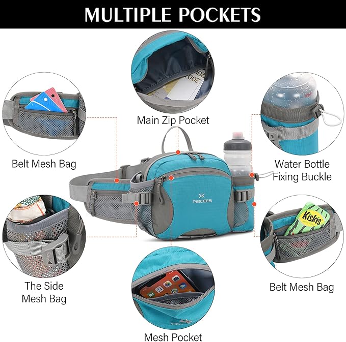 Peicees Hiking Fanny Pack Large Waist Bag for Men Women with Bottle Holder Water Resistant Lumbar Pack for Hiking Camping Fishing Outdoor (Bottle Not Included)