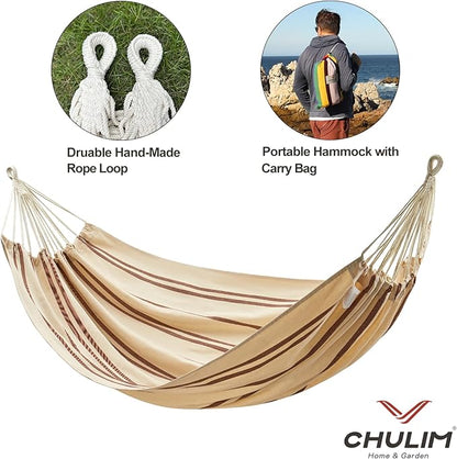 Brazilian Double Hammock with Tree Straps,Extra Large 94x63IN,2 Persons Hammock for Backyard Patio Outdoor and Indoor,450lbs Weight Capacity,Soft Woven Cotton Fabric - Beige Brown Stripe