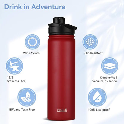 HASLE OUTFITTERS Insulated Water Bottle 22 oz Double Wall Stainless Steel Water Bottle Wide Mouth with Straw Lid & Spout Lid Keeps Cold or Hot(Red,8)