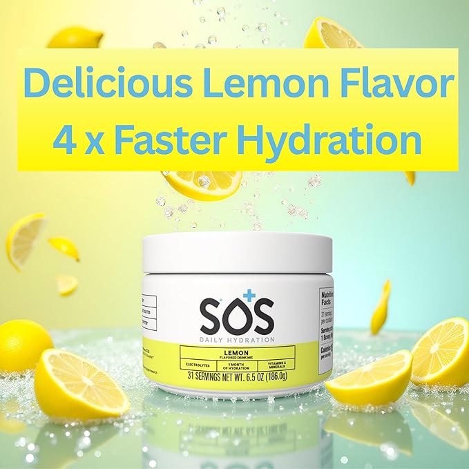 SOS Hydration Electrolyte Powder Drink Mix | Bulk 31 Servings | – Low Sugar | 15 Calorie Keto-Friendly & Rapid Rehydration| Lemon Flavor