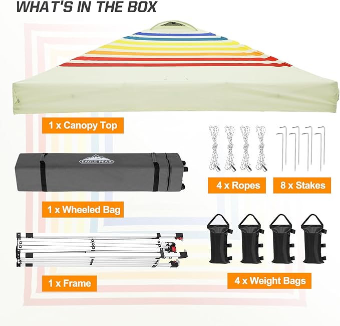 EAGLE PEAK Pop Up Canopy Tent with Wheeled Carry Bag, 8 Stakes, 4 Ropes, 4 Weight Bags, Easy Set Up Tent Canopy, 10x10 ft, 100sqft of Shade, Retro Stripe Tan